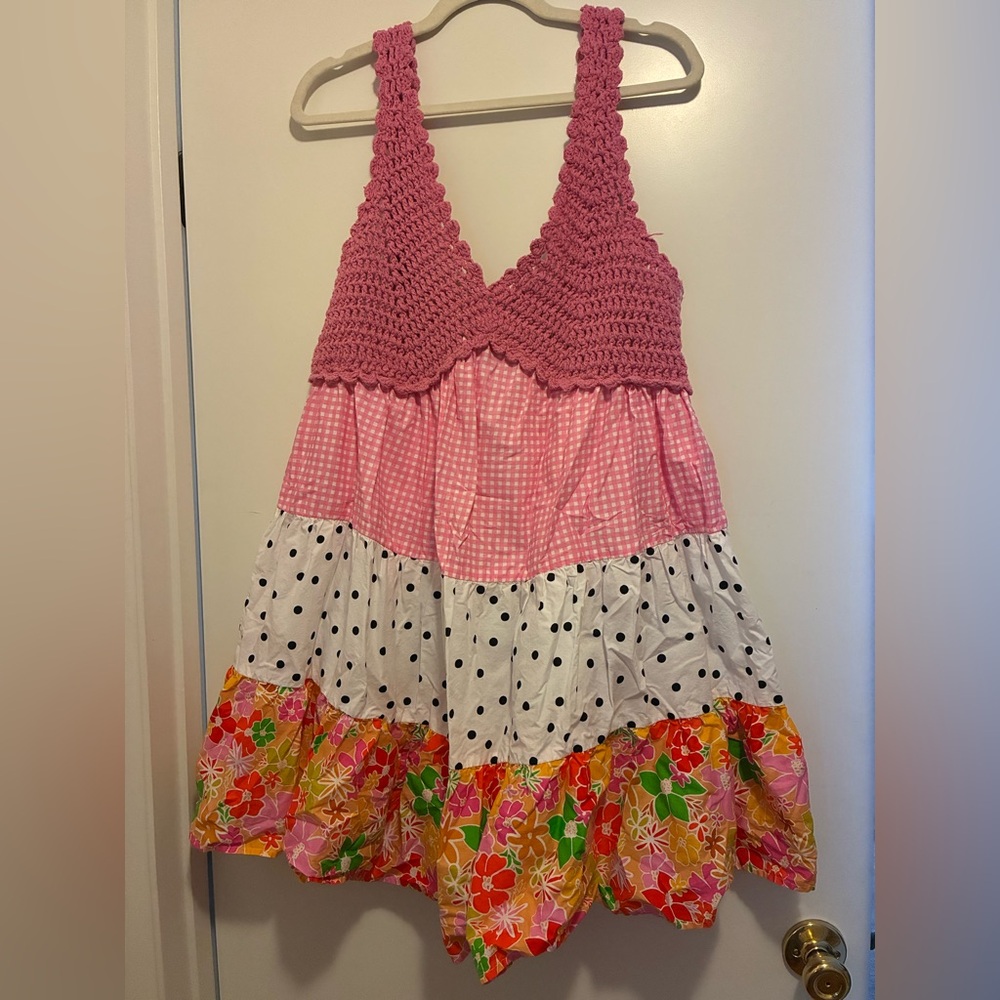 ASOS Pink Crocheted Halter Tiered Summer Dress with Floral & Polka Dot Tiers